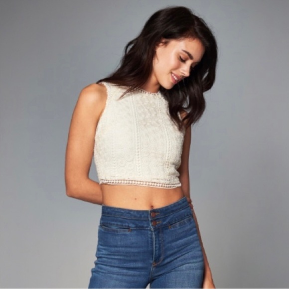 Abercrombie & Fitch Cream Lace Overlay Boho Sleeveless Crop Top Sz XS - Picture 3 of 13